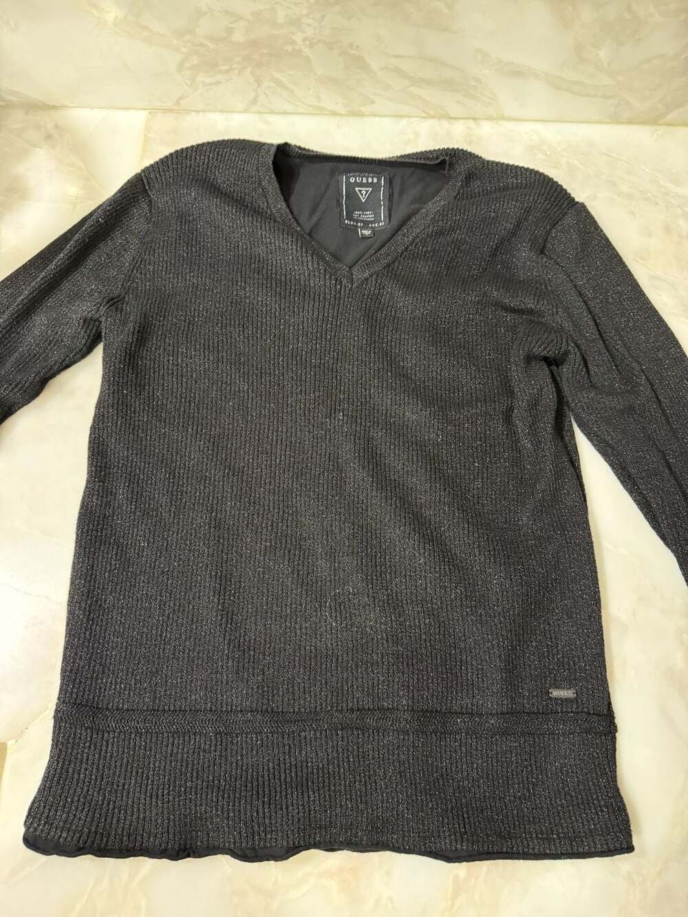 Guess V-Neck Metallic Sparkle Sweater Size S Black